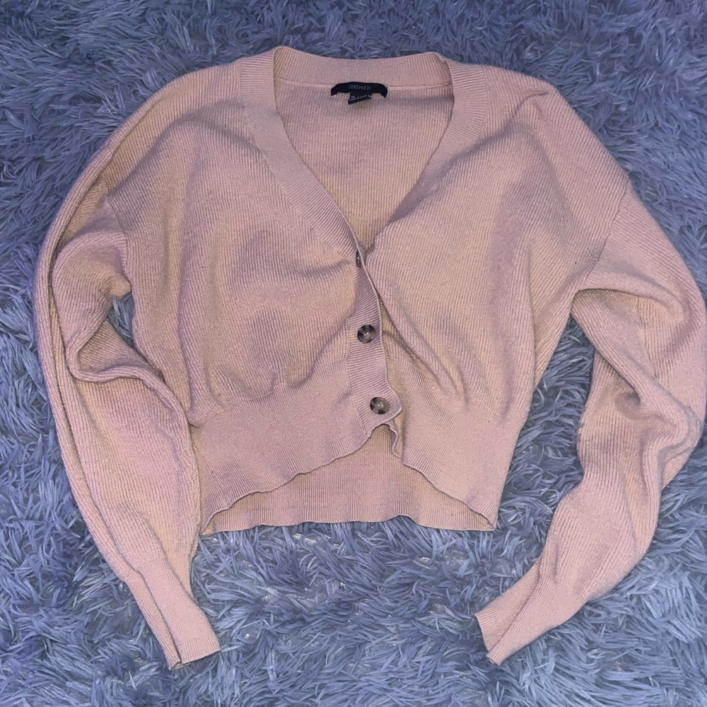 TAN KNIT LONG SLEEVE V NECK BUTTON UP CROP TOO